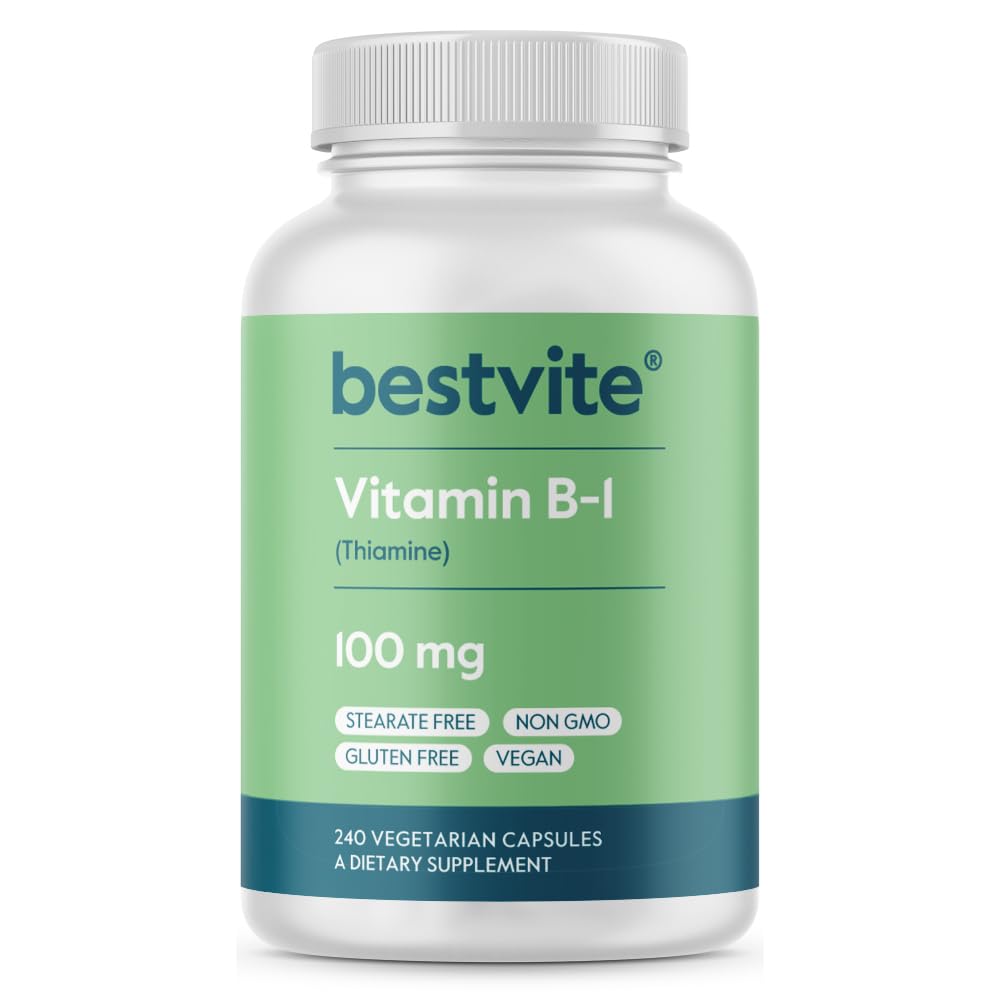 BESTVITE Witamina B-1 100mg (240 Kapsułki wegetariańskie) - Brak stearynianów - Brak fosforanu diwapniowego - Wegan - Nie GMO - Bez glutenu