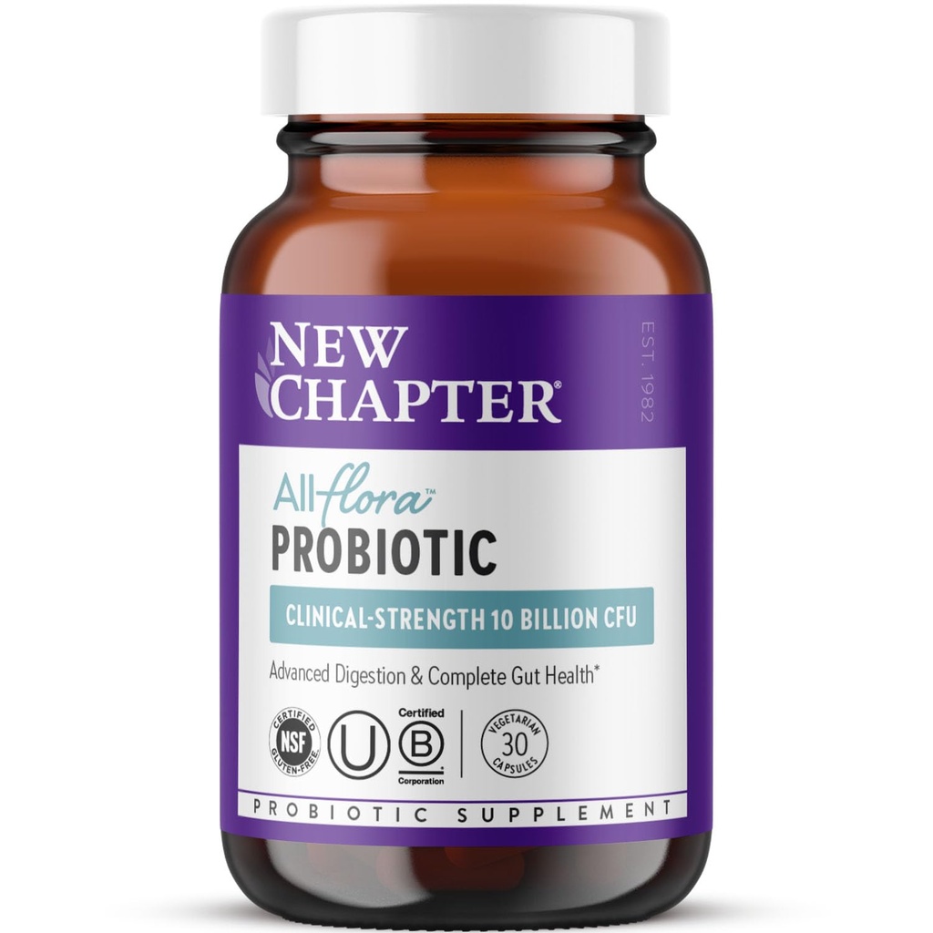 Nowy rozdział Probiotic All- Flora - 30 ct (1 Miesiące Dostawy) dla zaawansowanych trawienie & Kompletne Gut Zdrowie z Prebiotyki + Postbiotyki, Klinicznie Studiowane Szczepy, 100% Wegan, Non-GMO, Półka Stabilny
