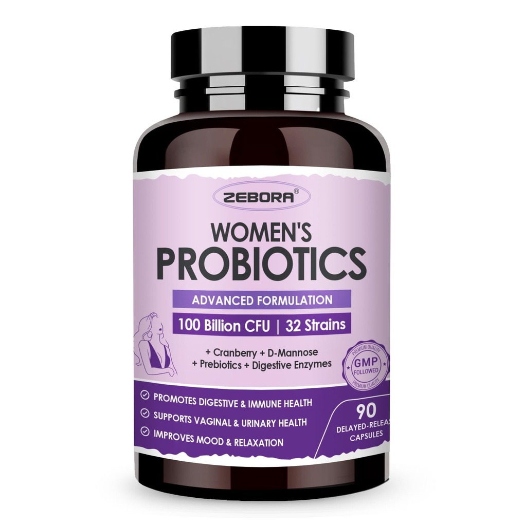 Probiotyki ZeBORA dla Kobiet Digestive Health z Enzymami i Prebiotykami 100 Miliard CFU z 124; Probiotyki waginalne z D Mannose & Cranberry Breath 124; Trakt moczowy Zdrowie 124; Wsparcie immunologiczne, 90 Kapsułki
