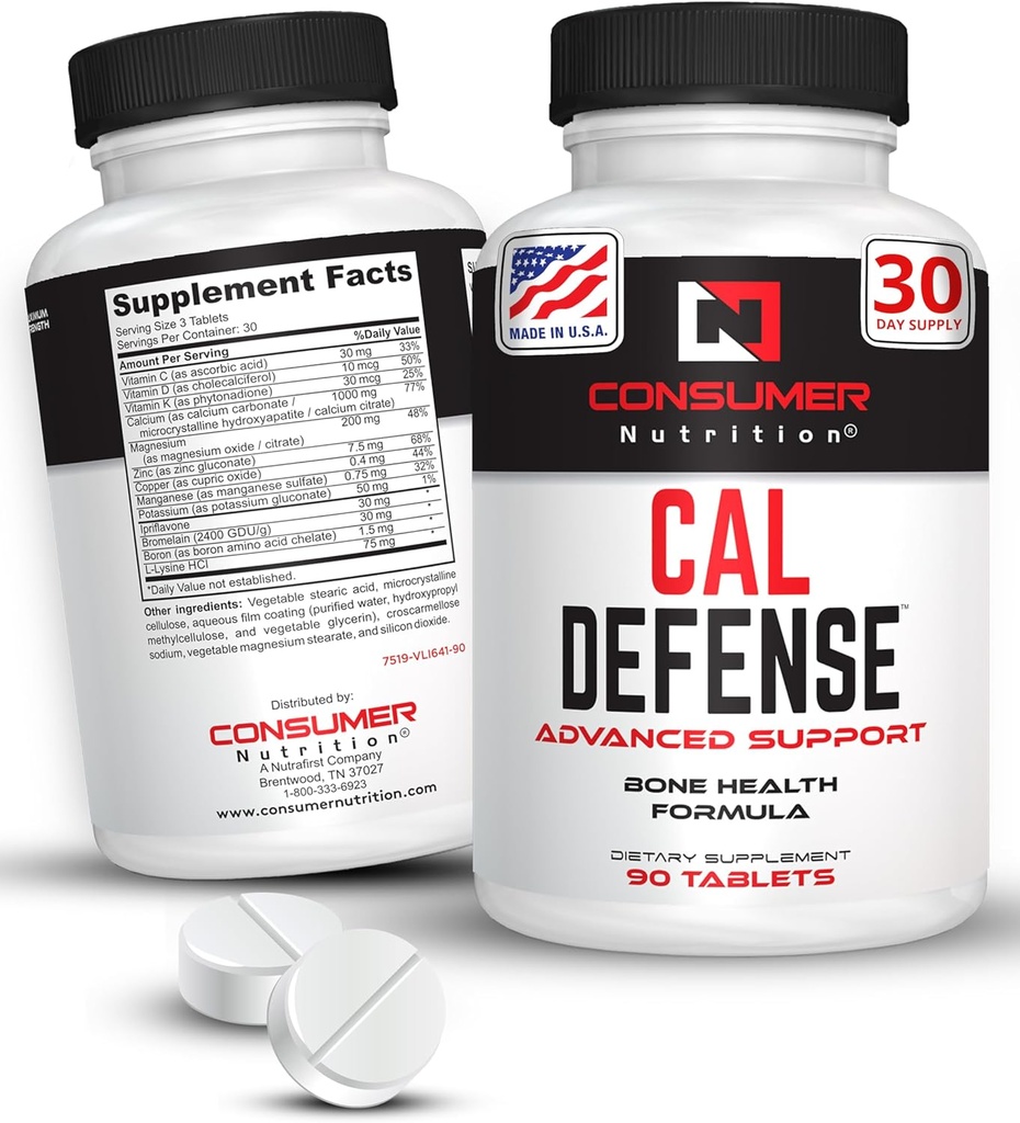 Suplement Bone Builder - Cal Defense Bone Strength Suplementy wapnia dla kobiet i mężczyzn - Z wapnia z witaminą D, C, K, Magnezu, Bromelain, & Ipriflavone dla Stronger Bones 90 Wapnia Tablets