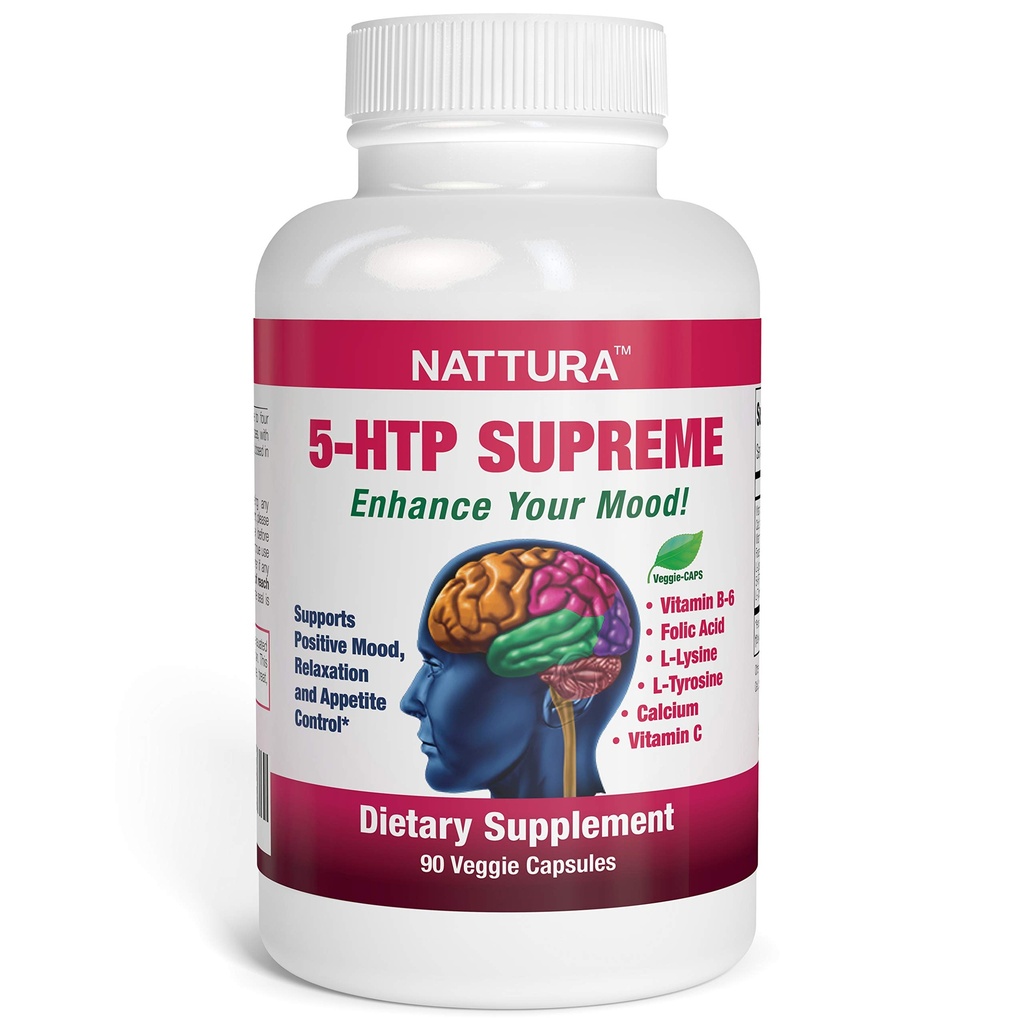 Nattura 5- HTP Supreme - dla pozytywnego nastroju, relaksacji i kontroli przylepnej - z 5- HTP, L- Tyrozyna, L- Lizyna, Witamina B6, Folate (Kwas foliowy), Witamina C (Kwas askorbinowy), Wapń - 90 Kapsułki
