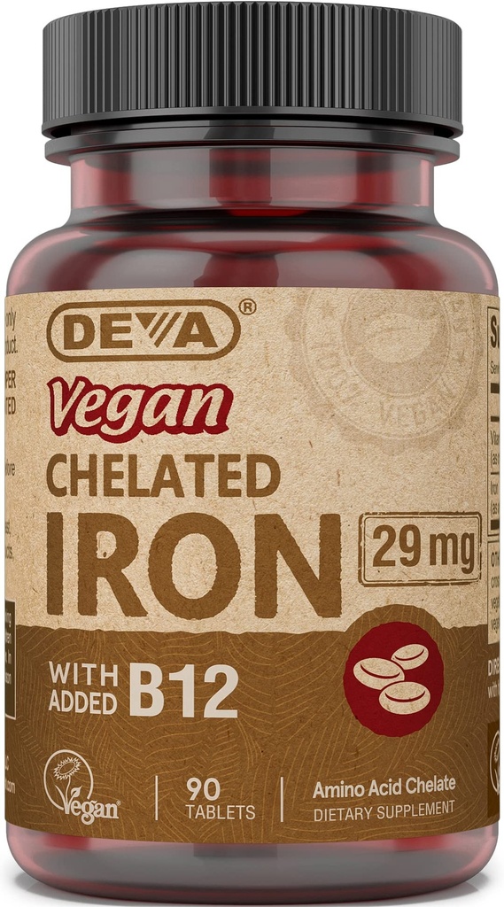 Deva Nutrition Vegan Żelazo chelatowane 29 mg Ufortyfikowane B- 12 - Wysoka moc, Łatwe do połknięcia - 90 tabletek, 1 - Opakowanie