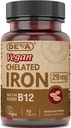 Deva Nutrition Vegan Żelazo chelatowane 29 mg Ufortyfikowane B- 12 - Wysoka moc, Łatwe do połknięcia - 90 tabletek, 1 - Opakowanie