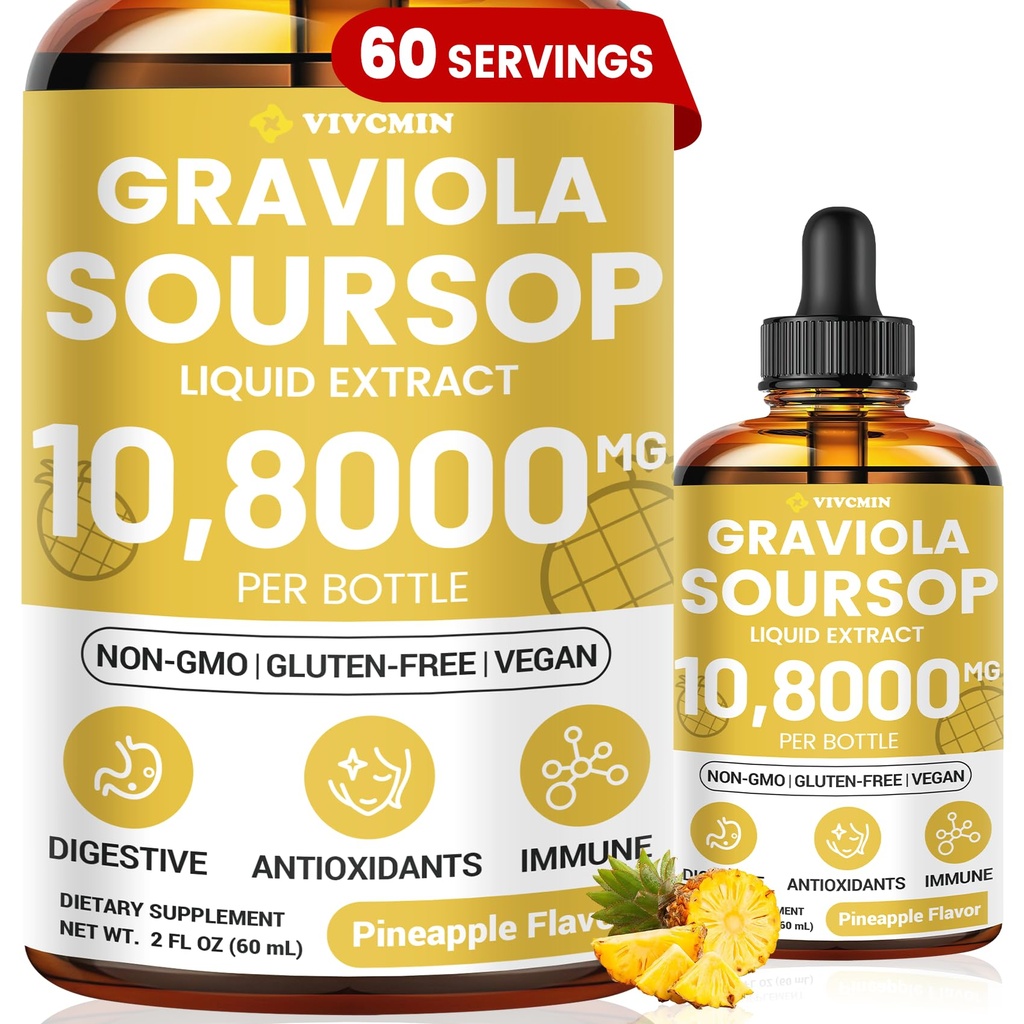Graviola Soursop Leaf Extract Liquid - Soursop Bitters Liquid, Wsparcie immunologiczne, Relax, Wątroba i sen, Cukier i Alkohol wolny, Wysoko Absorbowalny Formuła, Flavor ananasowy, 2 Fl Oz