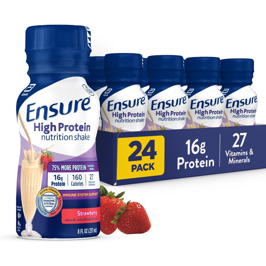 Zapewnienie wysokiej zawartości białka Strawberry Nutrition Shake, Gotowy do picia, 16 g białka i 27 witamin i minerałów, 8 fl oz, 24 Pack