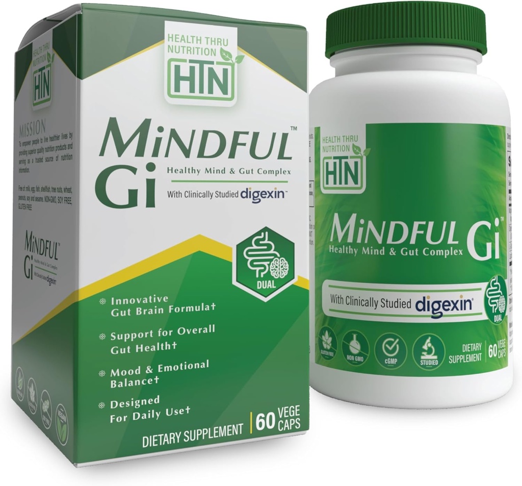 Health Thru Nutrition Mindful GI - Healthy Mind & Gut Complex 124; z Digexin, Magnezu, L- Glutamine i Probiotic dla wsparcia Gut- Brain Axis 124; Regularność, Przekwitanie, Suplement Calmness