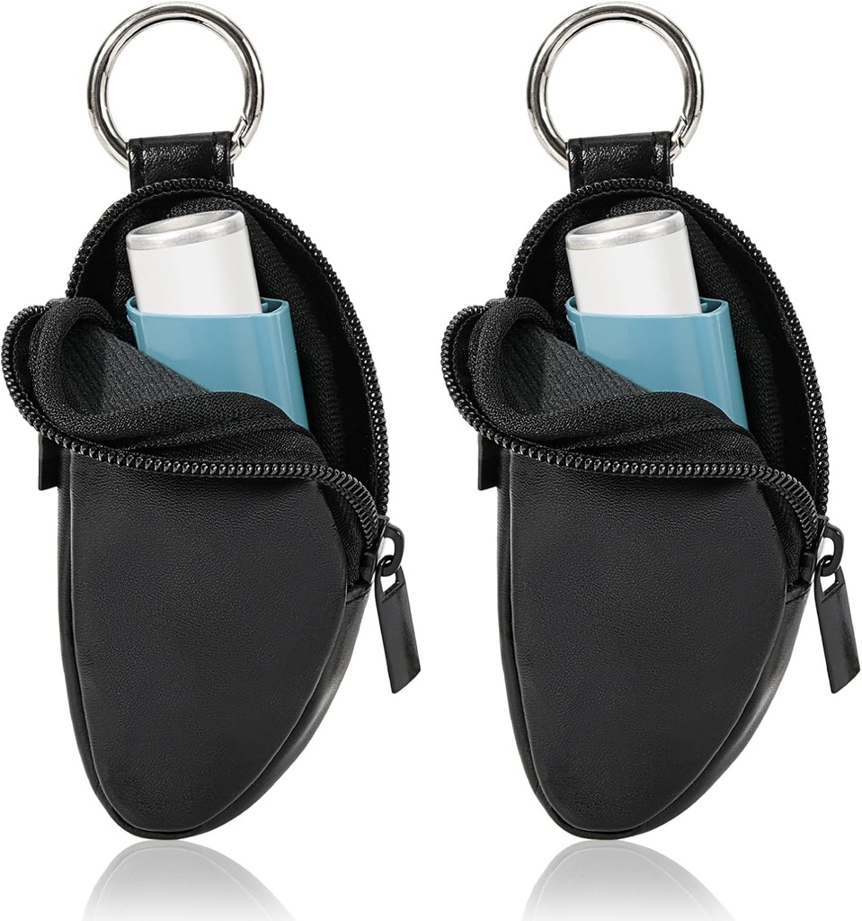Asthma Inhaler Holder Protect Portable Bag Carrying Holder PU Leather Travel Inhaler Mini Bag for L-Shaped Inhaler, Inhaler Not Included (Black, 2PCS)
