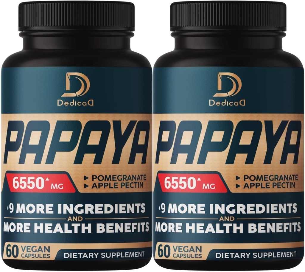 10in1 Czyste enzymy Papaya do trawienia 6550mg 4 Miesiące wsparcia trawienie, immunologiczne & Zdrowie ciała - Mieszane z ekstrahowanym Granat, Jabłko Pectin, Ginger, Turmeric, Peppermint - 2 opakowania 60 Liczby