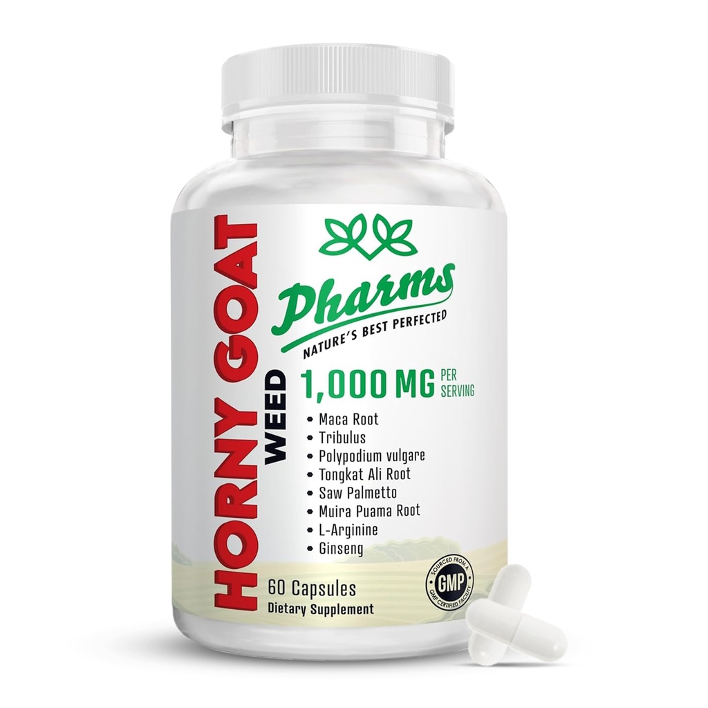 PHARMS Hornygoatweed for Men & Women (1000 mg) - Energy & Stamina Kapsułki z Maca Root, Tribulus, Tongkat Ali, Saw Palmetto & Ginseng - Kobieta & Mężczyzna Zwiększenie wydajności Suplement - 60 Kapsułki