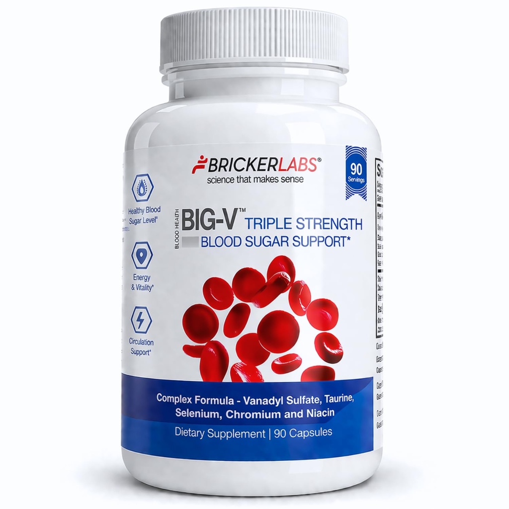 Bricker Labs Big- V Triple Strength Vanadyl Supplement: Vanadyl Sulfat 30 mg, Tauryl 600 mg, Selenium, Chrom i Niacyna, Mieszany suplement mineralny kapsułki 90