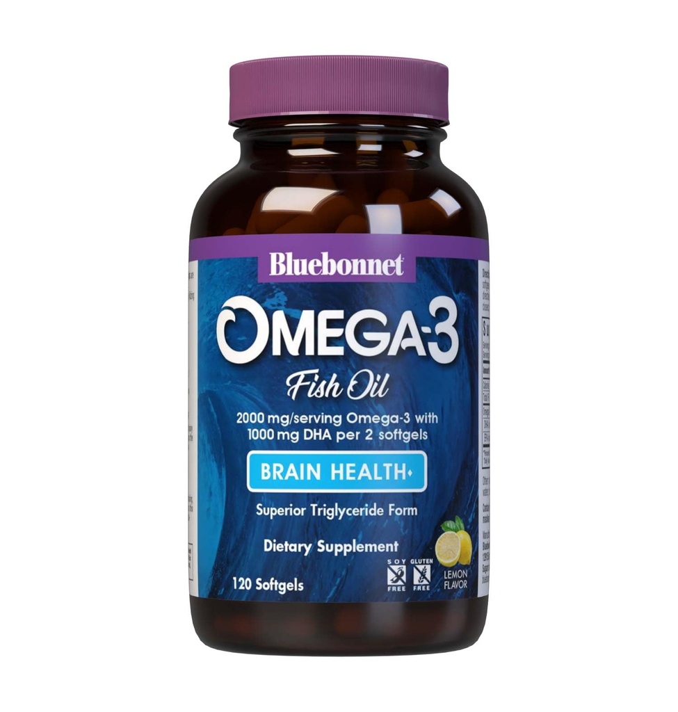 BlueBonnet Nutrition Omega- Mózg Formuła Natural Wild Caught Trigliceryde Form DHA 1000 mg EPA 210 mg, Wysoce skoncentrowane Cognitive Health & Wellness Supplement Supplement, Glutent Free Softgel, Żółty / przezroczysty, Lemon, 120