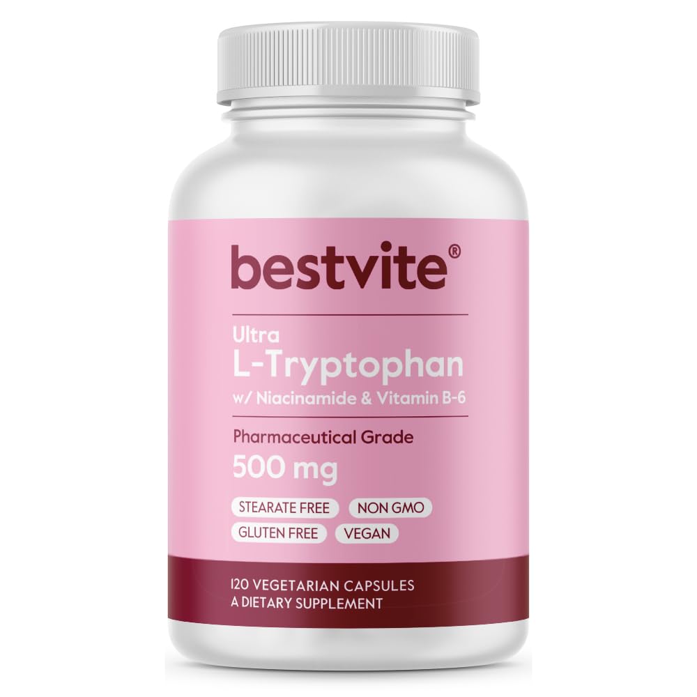 BESTVITE L- Tryptofan 500 mg z B3 & B6 (120 Kapsułek wegetariańskich) - Nie napełniać - Nie stearyniany