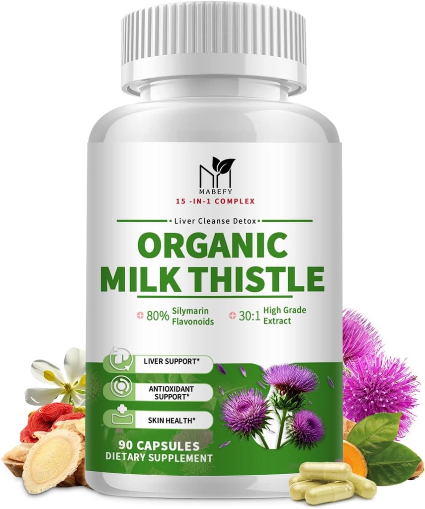 Suplement Detox - 15- in-1 Formuła z silimaryną, przeciwutleniacze, & Mieszanka ziołowa - 90 Kapsułki