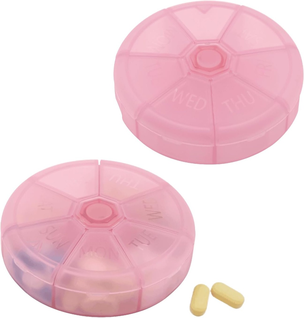 Portable Cotygodniowy Pill Organizator 7 Dzień Pili Kontener, Okrągłe Pill Case Travel Friendly, Codzienne Tydzień Pill Reminder Case, BPA- Witamina wolna, Suplement, Olej rybny, Planer leków (różowy)
