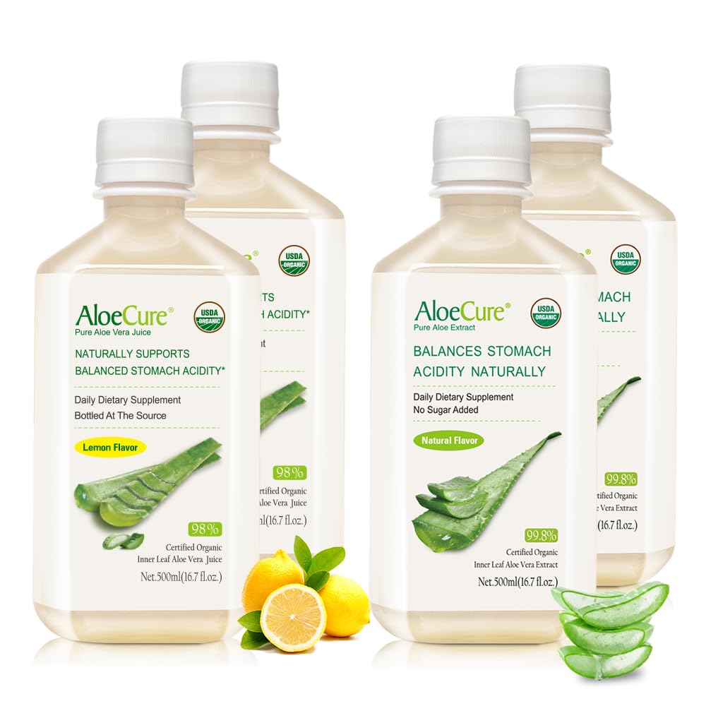 AloeCure Organic Aloe Vera Sok - 4 Butelka Próbka Pack - Lemon & Natural Flavor, 4x500ml