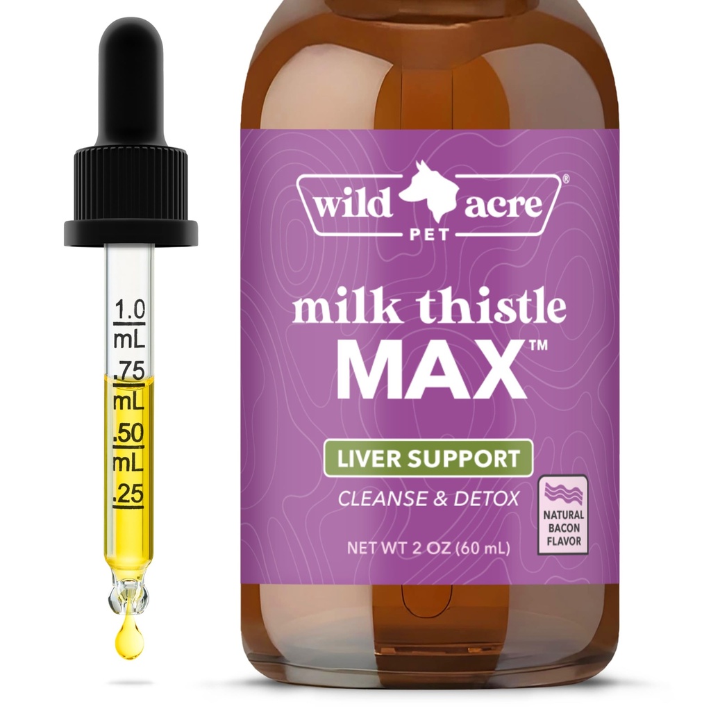 Wild Acre Milk Thistle for Dogs - Max Siła wsparcia wątroby, Cleanse & Detox - Natural Bacon Flavor - Po prostu Dodaj do jedzenia - Picky Pup Zatwierdzony, 2 oz (60 ml)