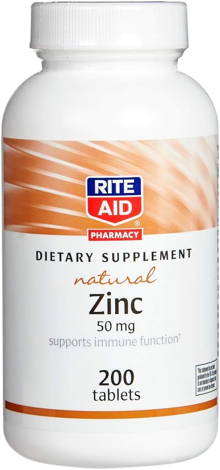 Rite Aid Natural Cynk, 50 mg, 200 Tablets - Wspiera funkcje immunologiczne - Suplementy cynku - Suplementy witaminy - Naturalny Cynk Suplement - Zasadniczy minerał dla zdrowia przeciwutleniającego - Easy- to- Połknięcie