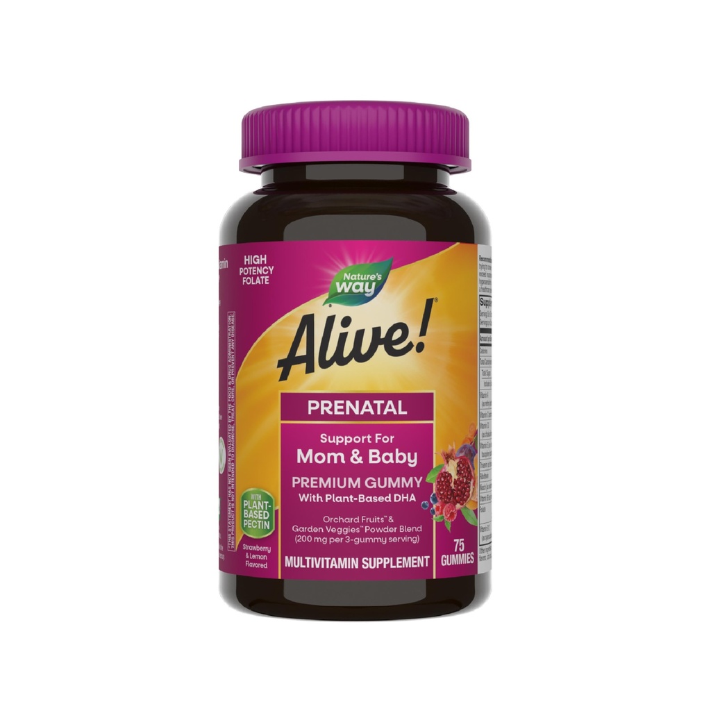 Nature 's Way Alive! Prenatal Premium Gummy Multivitamin, Wysokiej mocy folian, Plant- Based DHA, Wegetarianin, Truskawka i Lemon Flavored, 75 Gummies