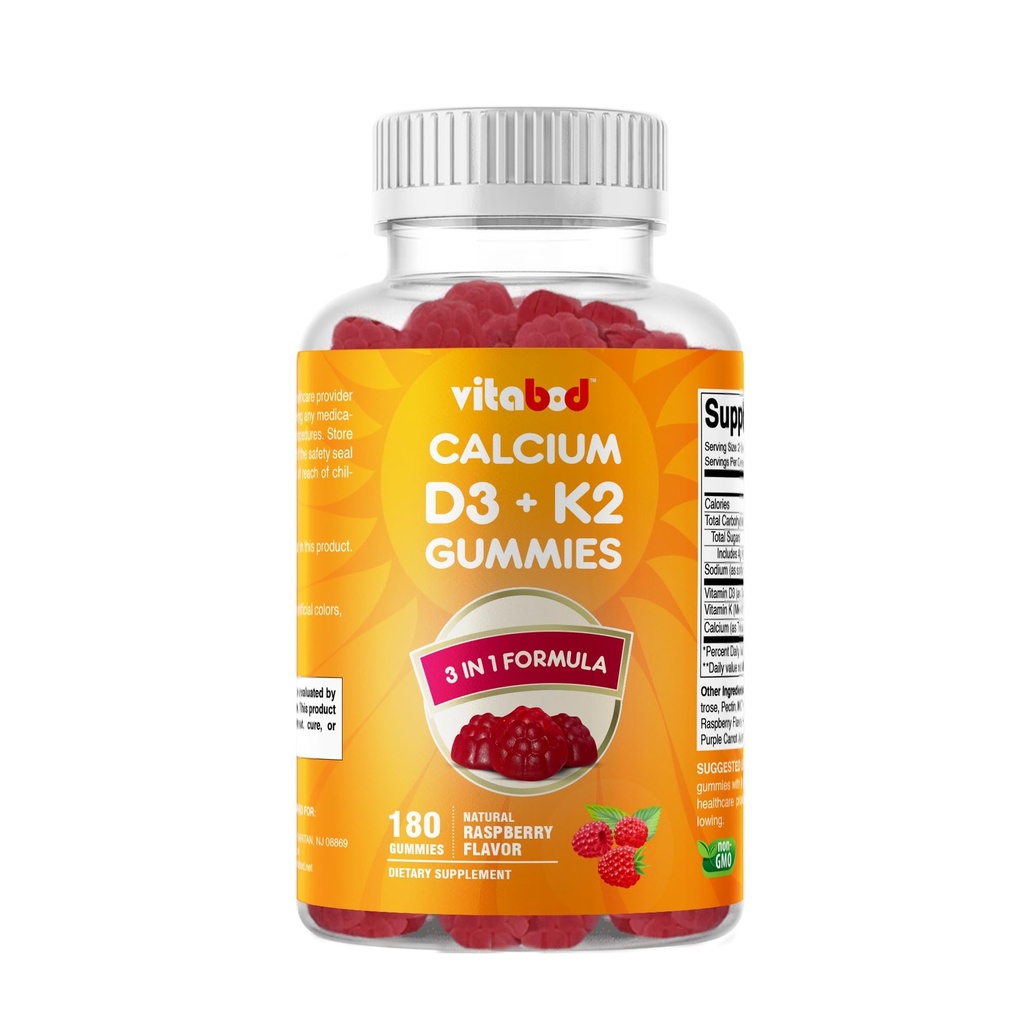Witamina D3 + Gummie K2 - Wsparcie zdrowia kości i serca - 180 Gummies na bazie pektyny