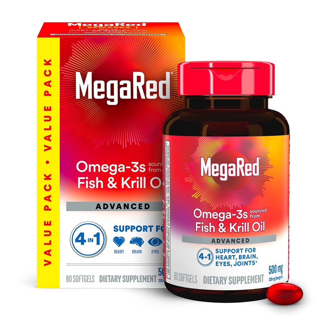 Megared Omega-3 Fish Oil + High Absorption Krill Oil 500mg Softgels, MegaRed Advanced 4in1 (80 liczenie w butelce) Skoncentrowany Omega-3 Fish & Krill Oil Supplement