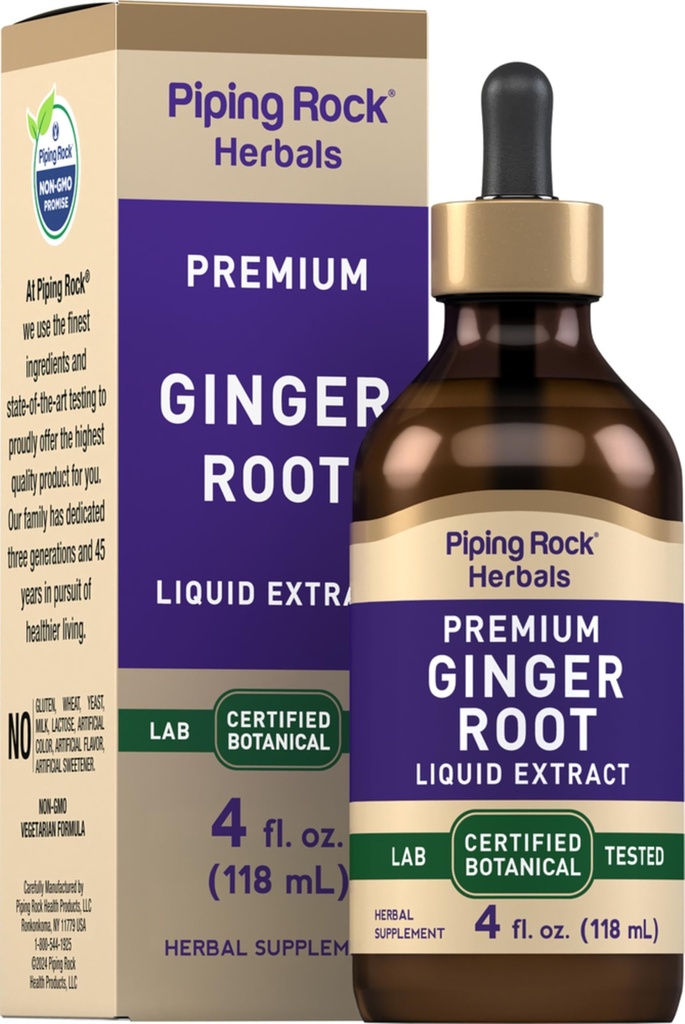 Ginger Root Extract Piping Rock Liquid 124; 4 fl oz Nex124; Premium Tincture Drops Nex124; Certified Botanical Supplement Next 124; Non-GMO, Gluten Free