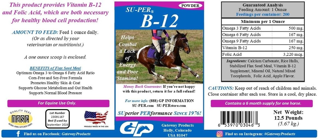SU- PER B- 12 Energy Horse Supplement - Equine Vitamin B- 12 & B- 9 Folic Acid Supplement Powder - 12,5 funtów, 6 Miesiące dostaw