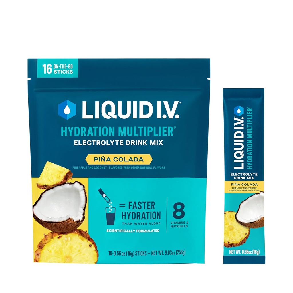 Płynne IV ® Nawodnienie Multiplier ® - Piña Colada - Pakiety proszku nawadniającego 124; Napoje proszkowe elektrolity 124; Wygodne jednorazowe podawanie kleszczy 124; NieGMO 124; 16 Podawanie (Opakowanie 12)