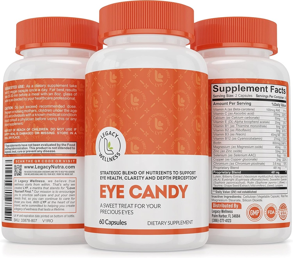 Legacy Wellness Oko Candy Witaminy z Luteiną, Zeaksantyna, Wapń, Biotin, Miedź, Pigułki cynku + Pomaga Vision Zdrowie w Starzeniu Dorośli + Osłona oczu z zbyt wiele czasu ekranowego, Suchy suplement do oczu