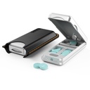 Pill Cutter z Auto Cinter Device, Aluminium Pill Splitter z 316L Ostrze ze stali nierdzewnej, Oryginalna skórzana skrzynia, Profesjonalny Pill Splitter do cięcia małych tabletek lub dużych tabletek (Silver)