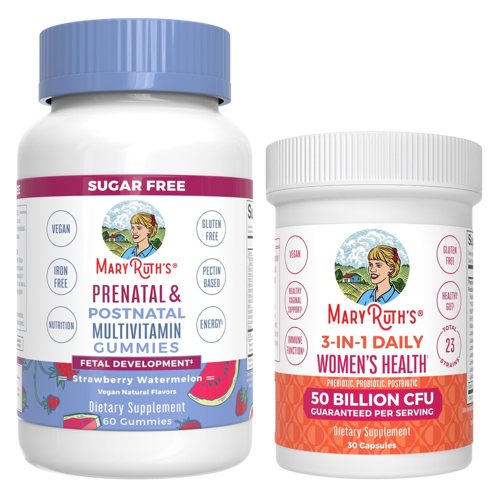 MaryRuth Organics Prenatal Postnatal Gummies wielopostaciowy (Truskawka) & Kobiety 3- in-1 Codzienne kapsułki probiotyczne 124; Czysty projekt etykiet zweryfikowany ® 124; Karmienie piersią & Gut Zdrowie 124; Wegan, Non-GMO