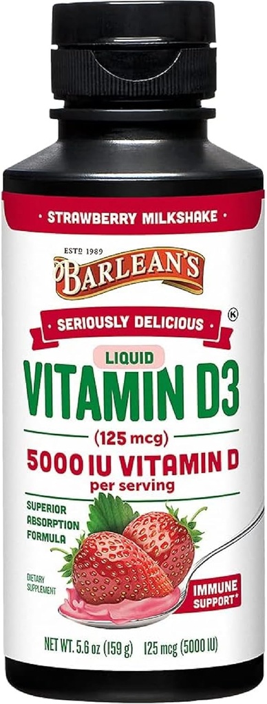 Barlean 's Liquid Witamina D, 5000 j.m. D3, Truskawkowy koktajl mleczny aromatyzowany dla dzieci i dorosłych, Maksymalna absorpcja, Nie-GMO, Bez glutenu - 5.6 oz