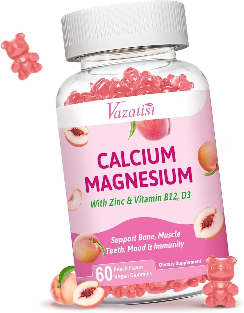 Magnezu wapniowego Gummie cynku z witaminą D3 B12, suplementy wapnia dla kobiet Mężczyźni, Peach Flavor 60 Cts