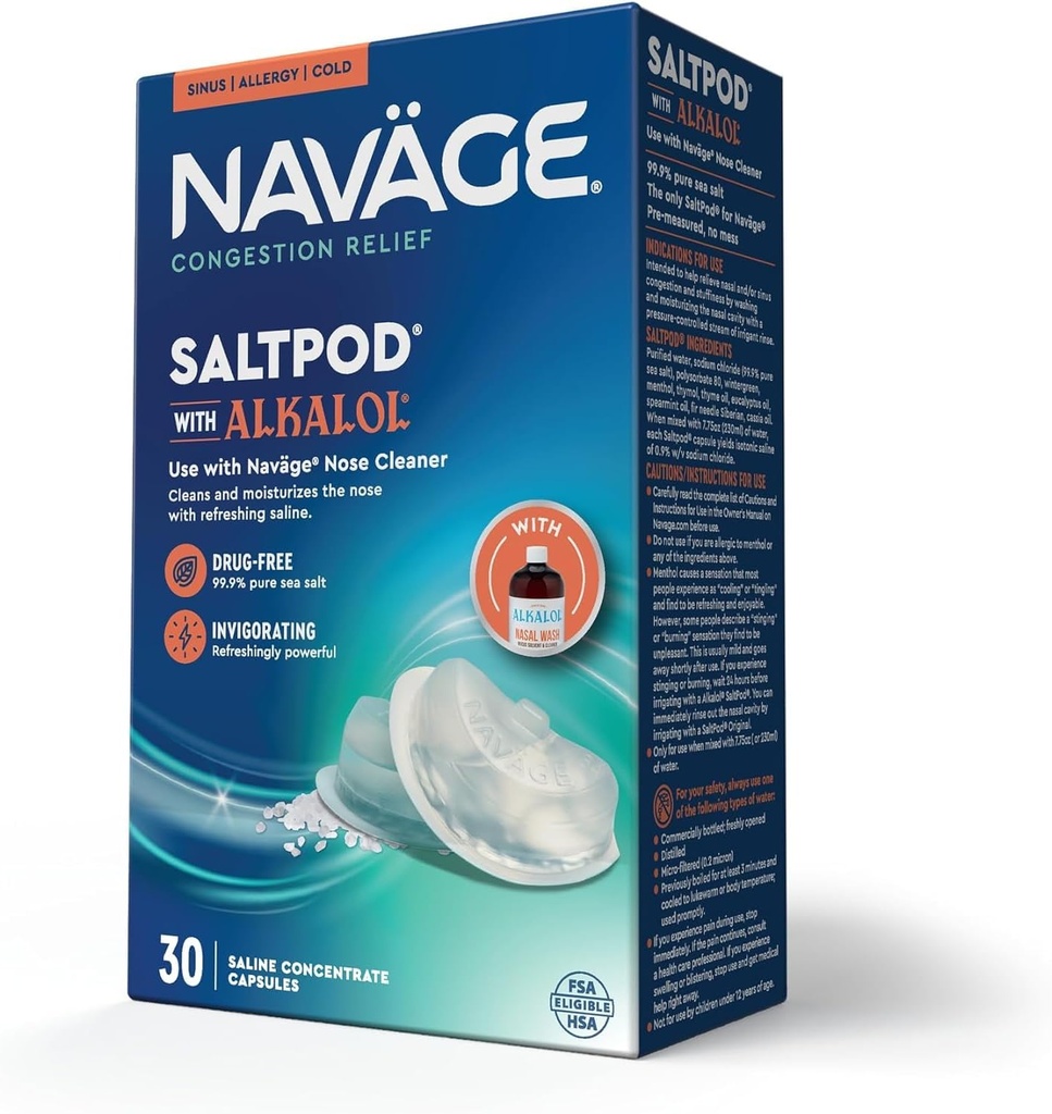 Navy SaltPod w / Alkalol 30 Pack (30 SaltPods) Salt Pod Repells Only - Zaprojektowany wyłącznie system nawadniania nosa - Sinus Rinse i Alkalol Pods for Fast & Soothing Relief