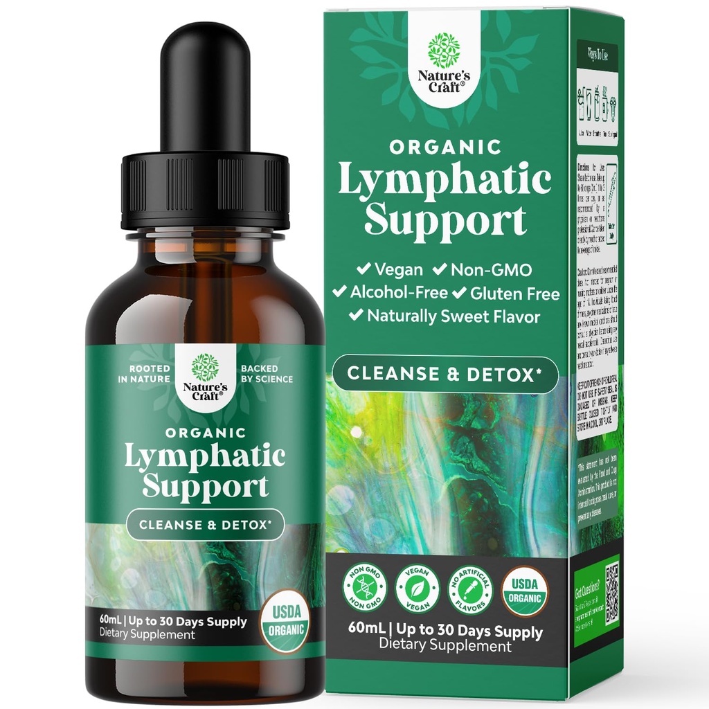 Certified Organic Lymphatic Dreanage Drops - Herbal Lymphatic Cleanse and Immune Supplement with Echinacea Goldenseal & Red Clover Extract - Vegan Non GMO Alcohol and Sugar Free - 30 Servings