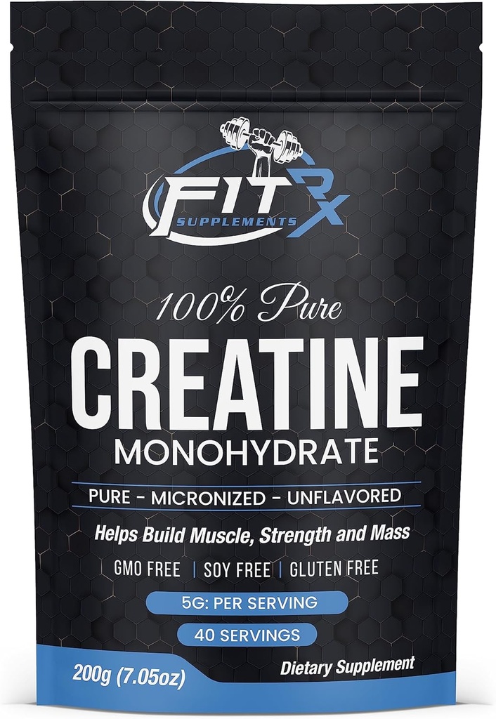 FITRxSupplements.com Czysty proszek monohydrat kreatury - Zero dodanych składników - No Calories, 5g na serwowanie, Unflavored 40 Servings, 200g, Szybkie rozpuszczenie