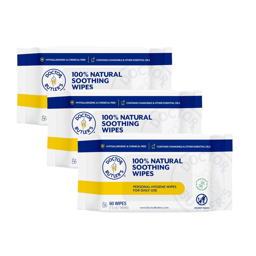Wipes Doctor Butler 's Soothing - All-Purpose Wet Wipes for Sensitive Skin, Face Wipes, and Baby Wipes with Rumomile and Esential Oils * (3 Pack - 60 Count)