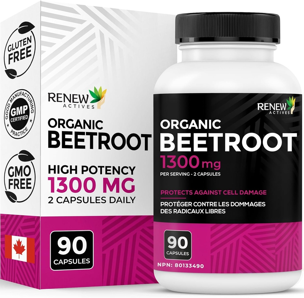 Renew Actives Organic Beetroot Supplement 1300MG na 2 kapsułki - Czysty Beetroot proszek do cyrkulacji, Natural Energy, & Korzyści przeciwutleniające - Superfood o dużej mocy, Made in Canada - 90 kapsułki