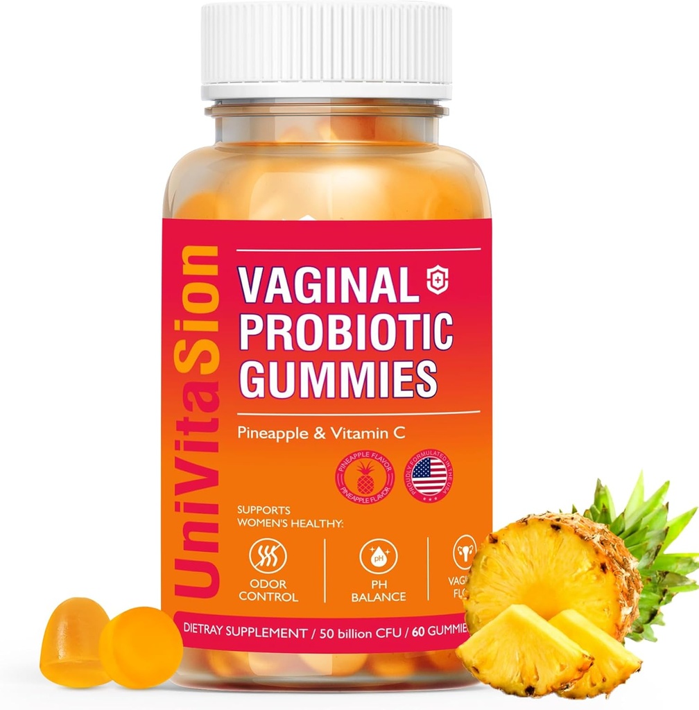 UniVitaSion Vaginal Probiotics Gummies for Women, 50 Billion CFUs - PH Balance, Vaginal odor, Vaginal Flora, Yeast Infection Treatment for Women, Vitamin C for Immune health, Hawaiian Pineapple Flavor