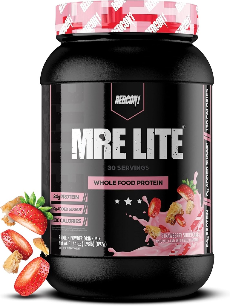 REDCON1 MRE Lite Whole Food Protein Powder, Truskawka Shortcake - Niskie węglowodory i serwatka Wolny posiłek Wymiana z mieszanek białek zwierzęcych - Łatwy do digest suplement Made with MCT Oils (30 Servings)