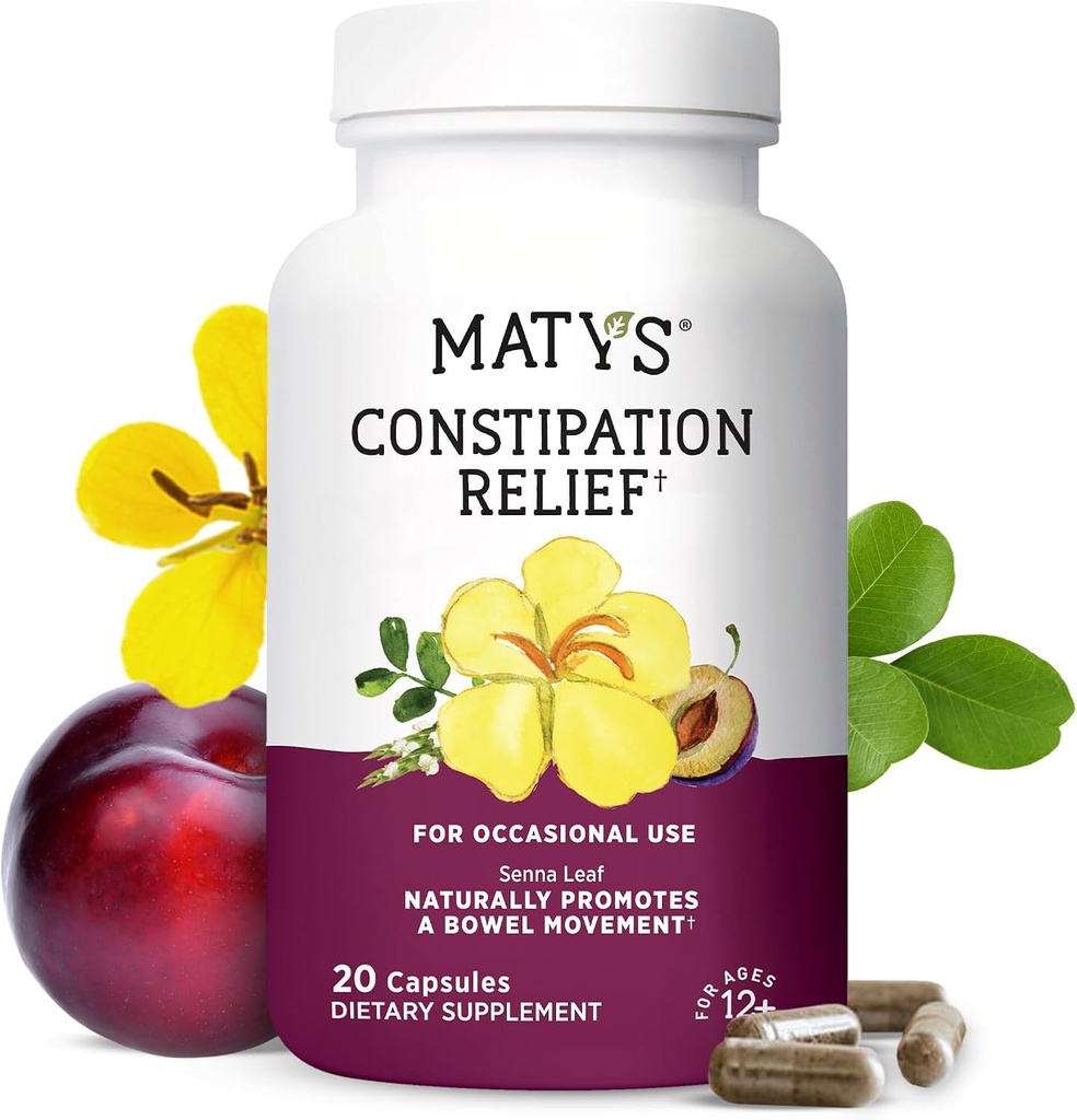 Matys Zaparcia Relief Kapsułki, Botaniczny ziołowy Laksyative Relieves Zaparcia, Promotes Smooth Bowel Movel Movement & Gut Zdrowie, Bezpieczne i skuteczne dla dorosłych i dzieci 12 Lata +, 20 Kapsułki wegetariańskie