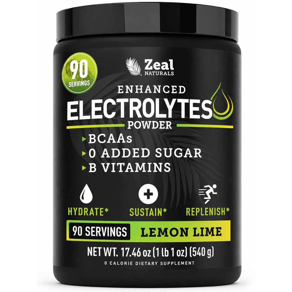 Zeal Naturals Electrolyte Powder Recovery Drink (90 Servings Dink 124; Lemon Lime) w 0 Sugar + BCAAs + B- Vitamin Electrolyte Supplement w Potasu Cynk & Magnez do hydrolizy - Keto Electrolytes