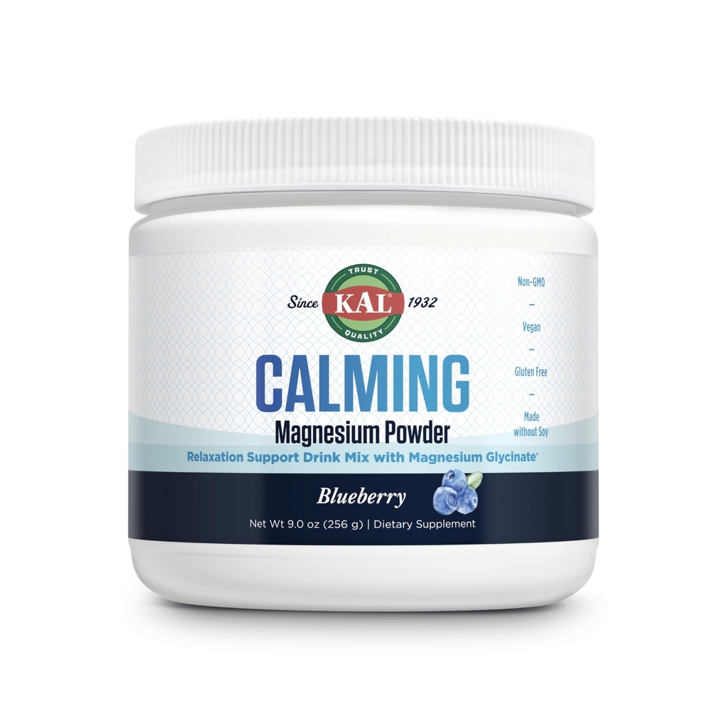 KAL Calming Magnezu Proszek - Blueberry Flavor Magnezu Suplement - Wysoka absorpcja, Wsparcie relaksacyjne, Nie dodano cukru, Wegan, Gluten wolny, Made Without Soy - 40 Służenia, 9 oz