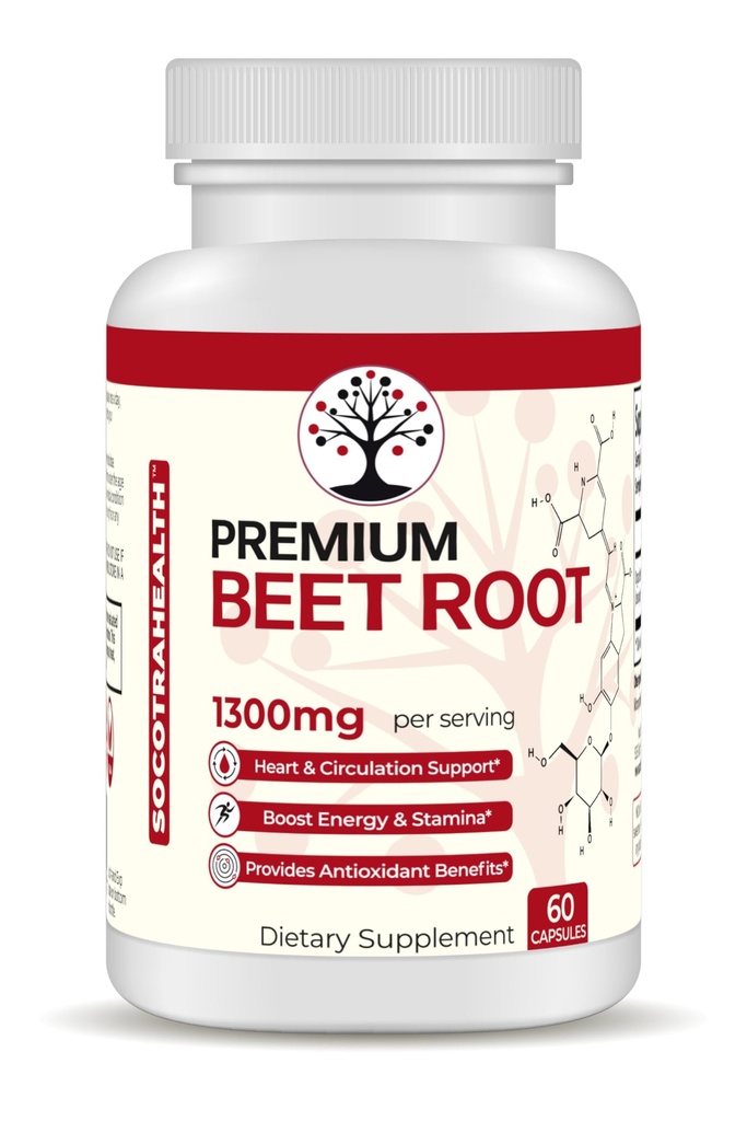 Kapsułki korzeniowe buraków cukrowych - Premium Organic Beetroot Powder - Suplement tlenku azotu - Zdrowie serca, Cyrkulacja i Wsparcie Staminy - Non-GMO - 60 Kapsułki wegetariańskie
