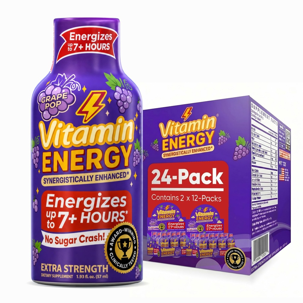 Witamina Energy Focus + Extra Siła Energy Shot Grape 24 Pack, 260mg naturalna kofeina, Witaminy B-, CoQ10, Amino Kwasy, Focus, Produktywność & Jasność, Zero Cukier, Gluten- Free, 1,93 fl oz