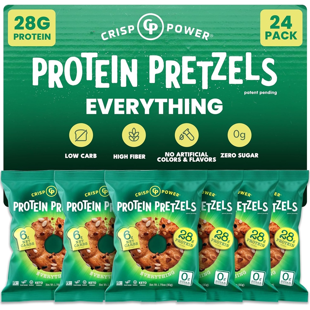 Białko Crisp Power Pretzels, Wszystko, Wysokie Białko Vegan Keto Snack, 28 G Białko roślinne oparte, Niskie węglowodany Chrupiące Pretzel Przekąski, Bez cukru, Oleje bez nasion, 1,75 oz torby, 24 Pack