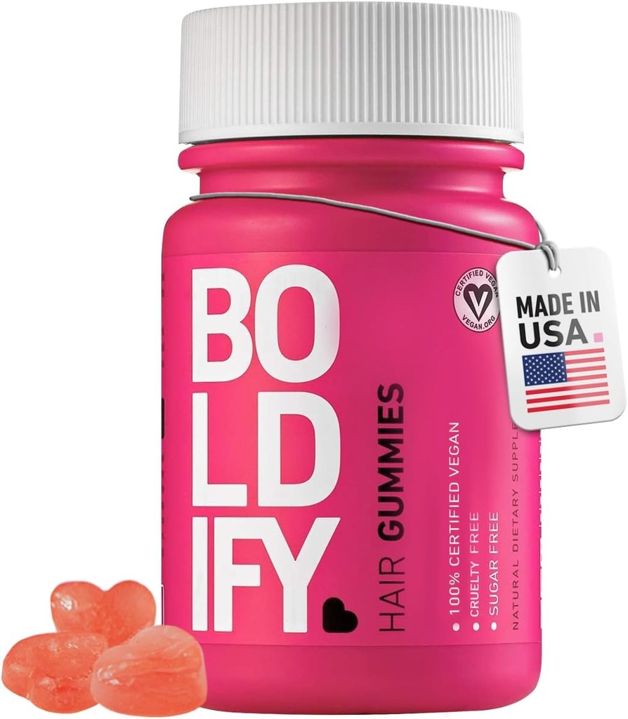 Gumie wzrostu włosów Boldify - Bezcukrowe Gummie Biotin - Szybkie działające wegańskie witaminy do skóry, paznokci i włosów - 5000mcg Biotin / Serving, 30- Day Supply - Naturalny aromat truskawki