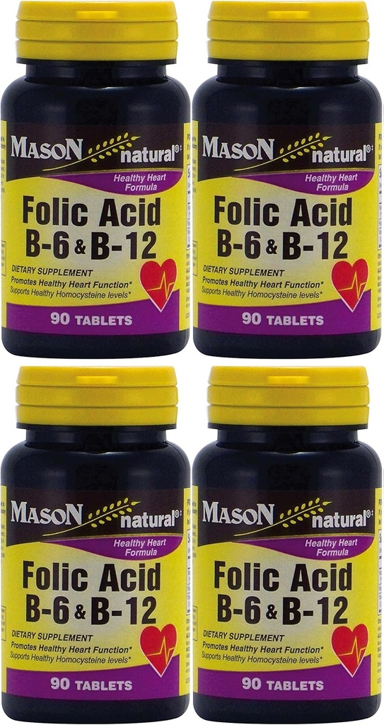 Mason Vitamin Kwas foliowy B- 6 & B12 Heart Health Formuła 90 Tabletki na butelkę Opakowanie 4 Razem 360 Tabletki