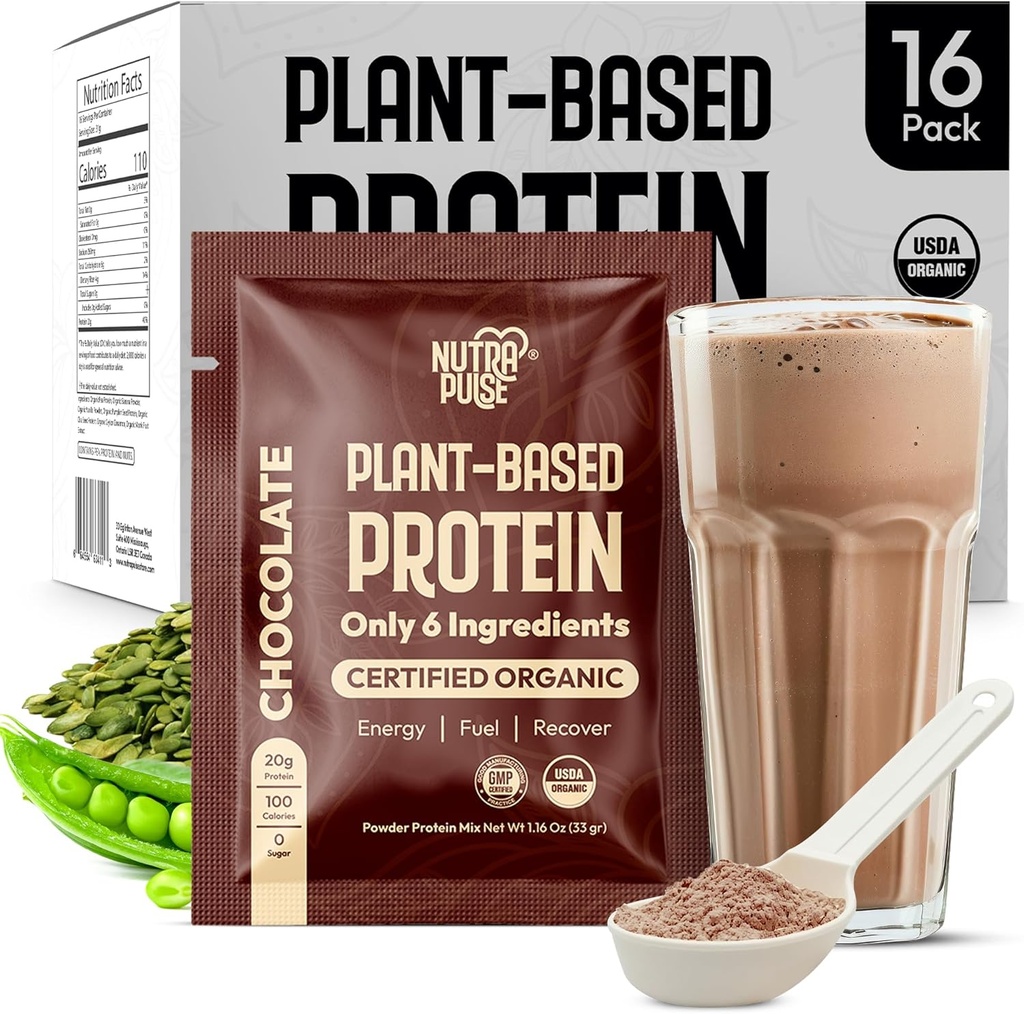 Organiczny Wegański proszek do pobierania próbek - Białko oparte na plantacji, Gluten- Free, Nie GMO, 20 g białka na serwowanie, Doskonałe dla Smoothies & Shakes (Czekolada, Opakowanie po 16)