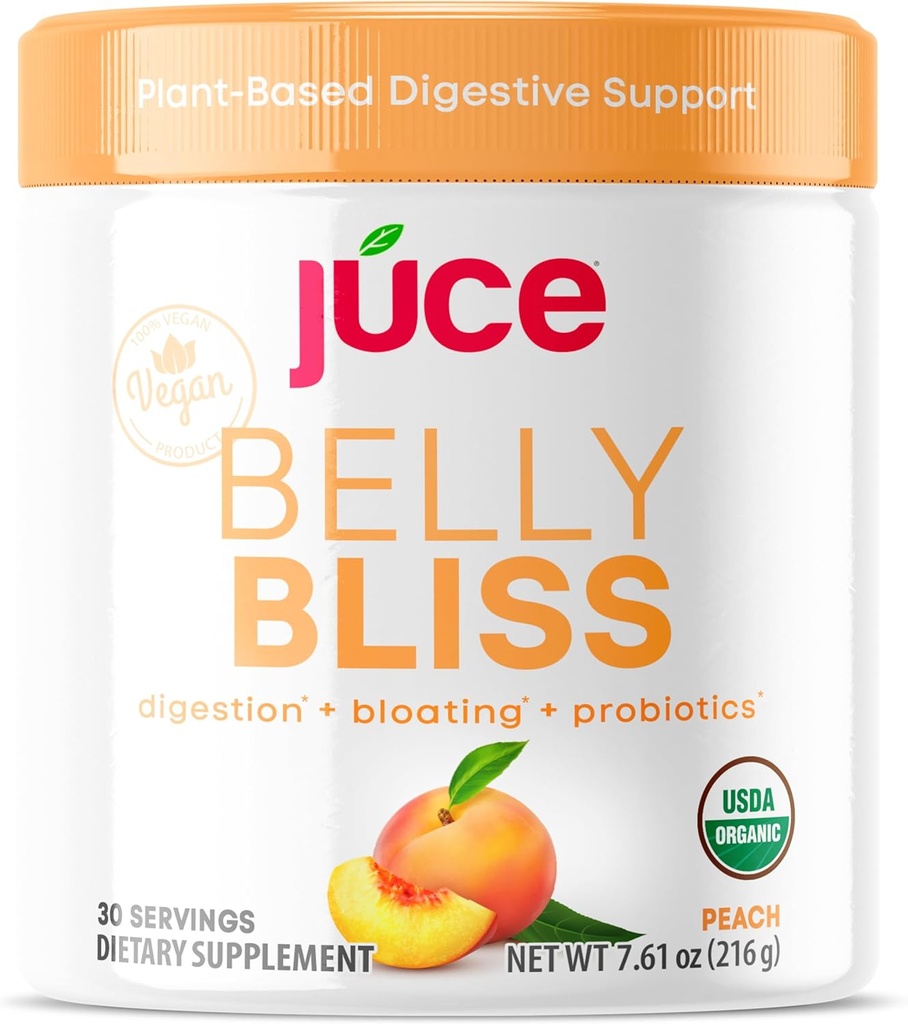 Júce Belly Bliss, Peachy Greens, 30 porcji, Probiotyki + Zielone, Bloating Support with Plant- Based Digestive Enzymes, Suplement diety Proszek - przez Terra Kai Organics