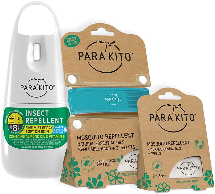 PARAKITO Mosquito, Insect & Bug Spray Bundle - Zawiera spray, Turkusowy opasek na rękę & 4 Odnawia 124; DEET Free, Olejki eteryczne Citronella, Idealny do Campingu, Turystyka, Podróżowanie na zewnątrz
